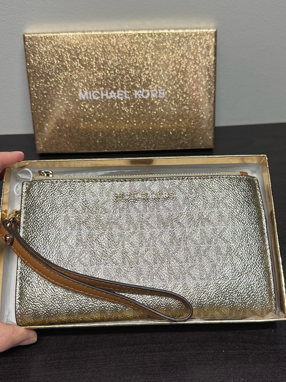 Michael Kors wristlet/wallet/clutch, gold, brown and tan color